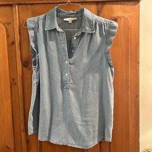 LOFT Blue Sleeveless Ruffle Sleeve Chambray Shirt, size M